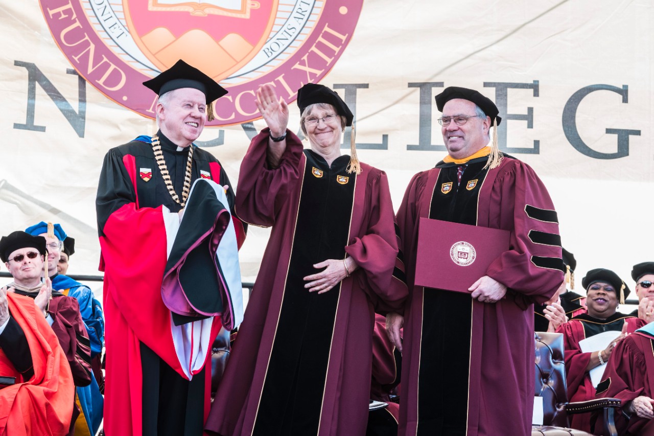 A wave to the crowd by Harvard University President Drew Gilpin Faust following receipt of her honorary degree.