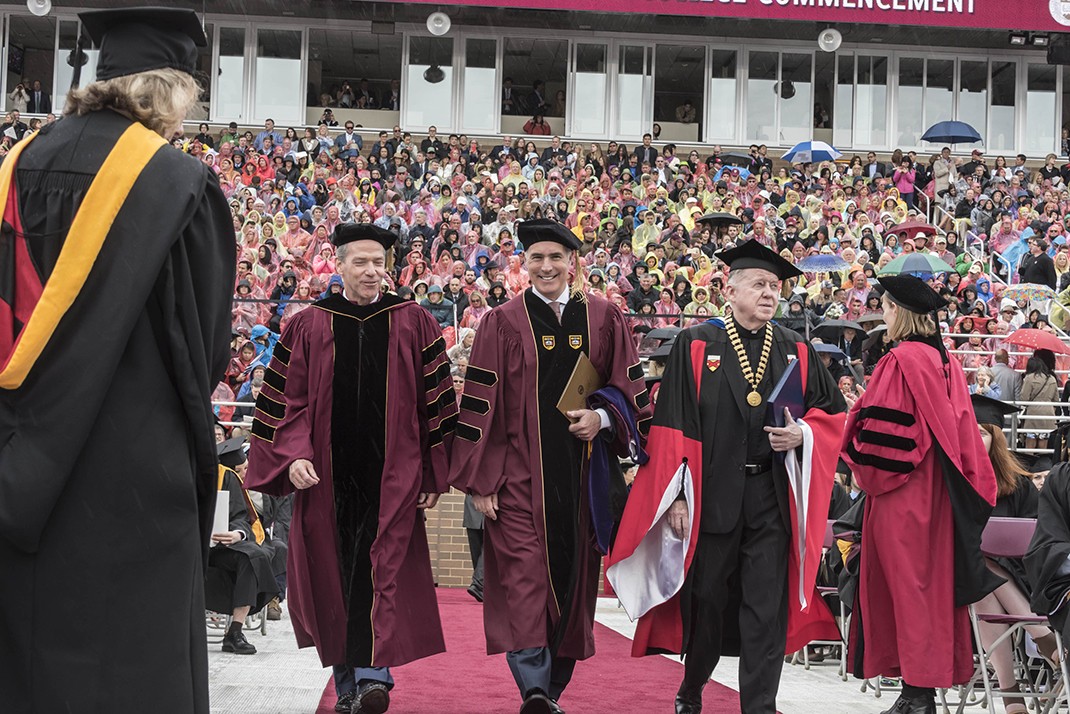 BC Board of Trustees chair John F. Fish and University President William P. Leahy, S.J., flank this year's Commencement speaker, U.S. Senator Bob Casey (D-Pa.)