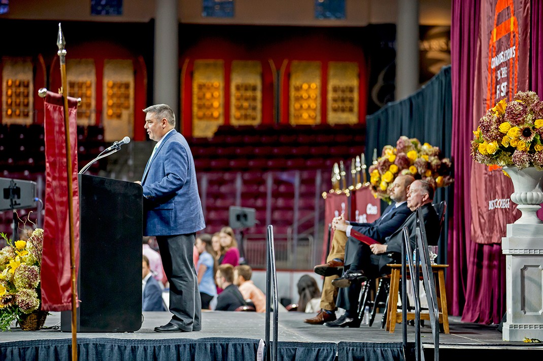 Michael Sacco, executive director of BC's First Year Experience program, and director of the University's Center for Student Formation, welcomed the students. 