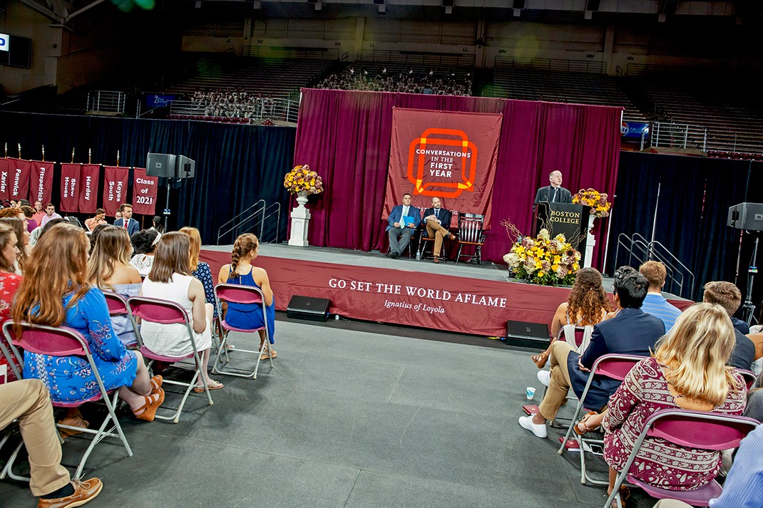 University President William P. Leahy, S.J., addressed the first-year students. 