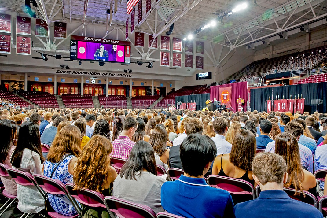 The Class of 2021 assembled in Conte Forum for First Year Academic Convocation. 