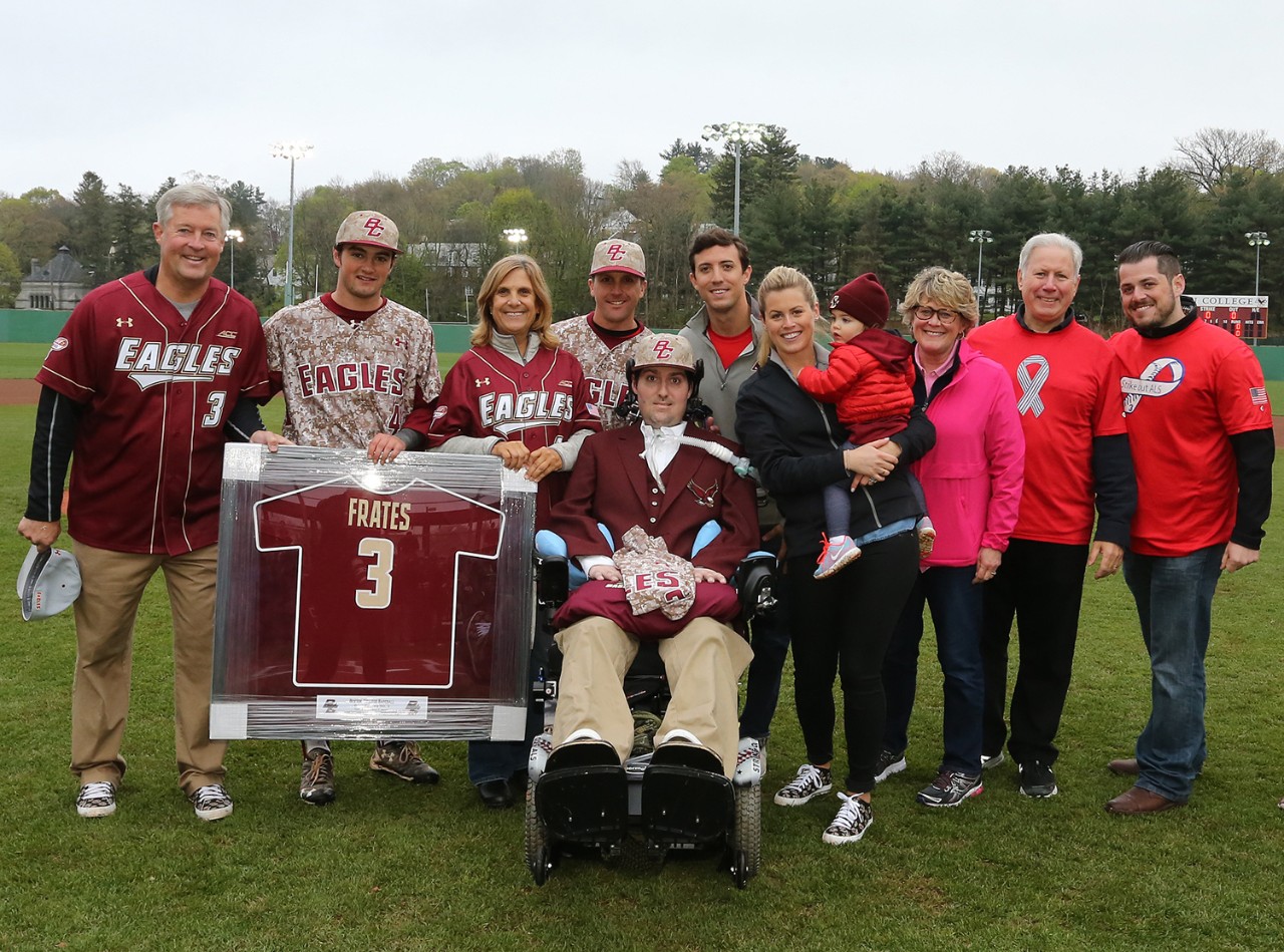 Boston College held a ceremony to retire Pete Frates' No. 3 jersey before the fifth annual ALS Awareness Game in 2016. 