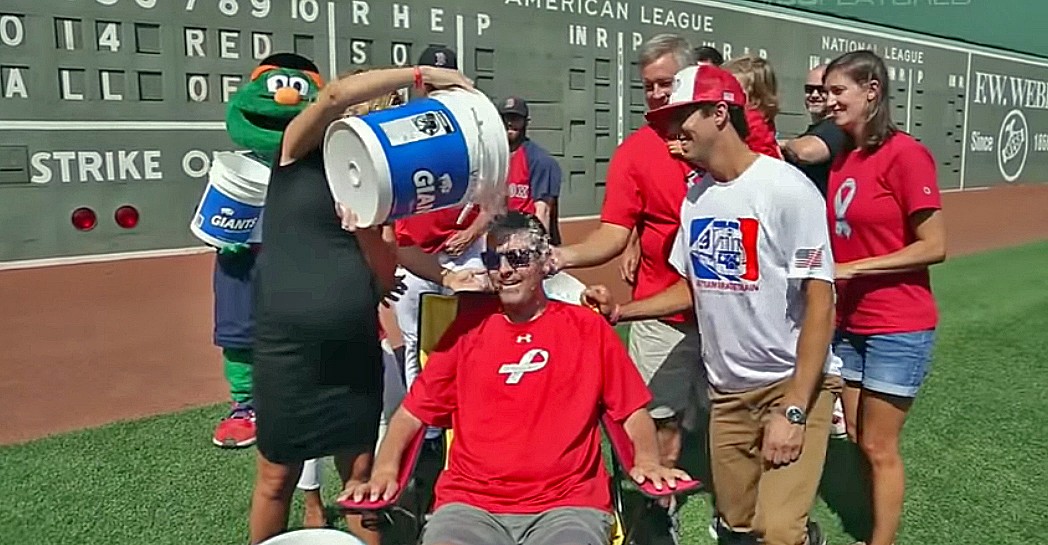 Pete Frates took an Ice Bucket Challenge dousing himself in 2014, choosing center field at Fenway Park for the action. In 2017, he donated the bucket and his sunglasses to the National Baseball Hall of Fame’s museum collection. 