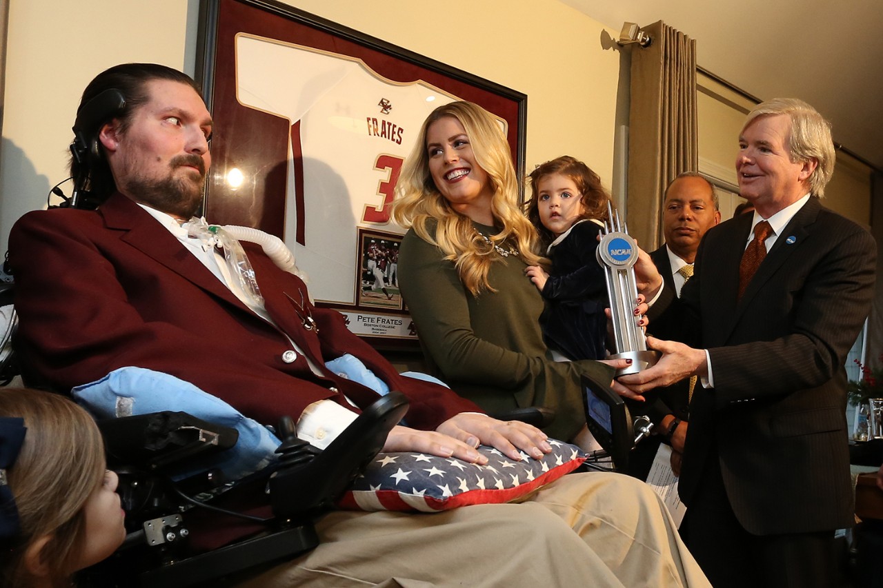Julie Frates and daughter Lucy look on as Pete Frates received the NCAA Inspiration Award in 2017. 