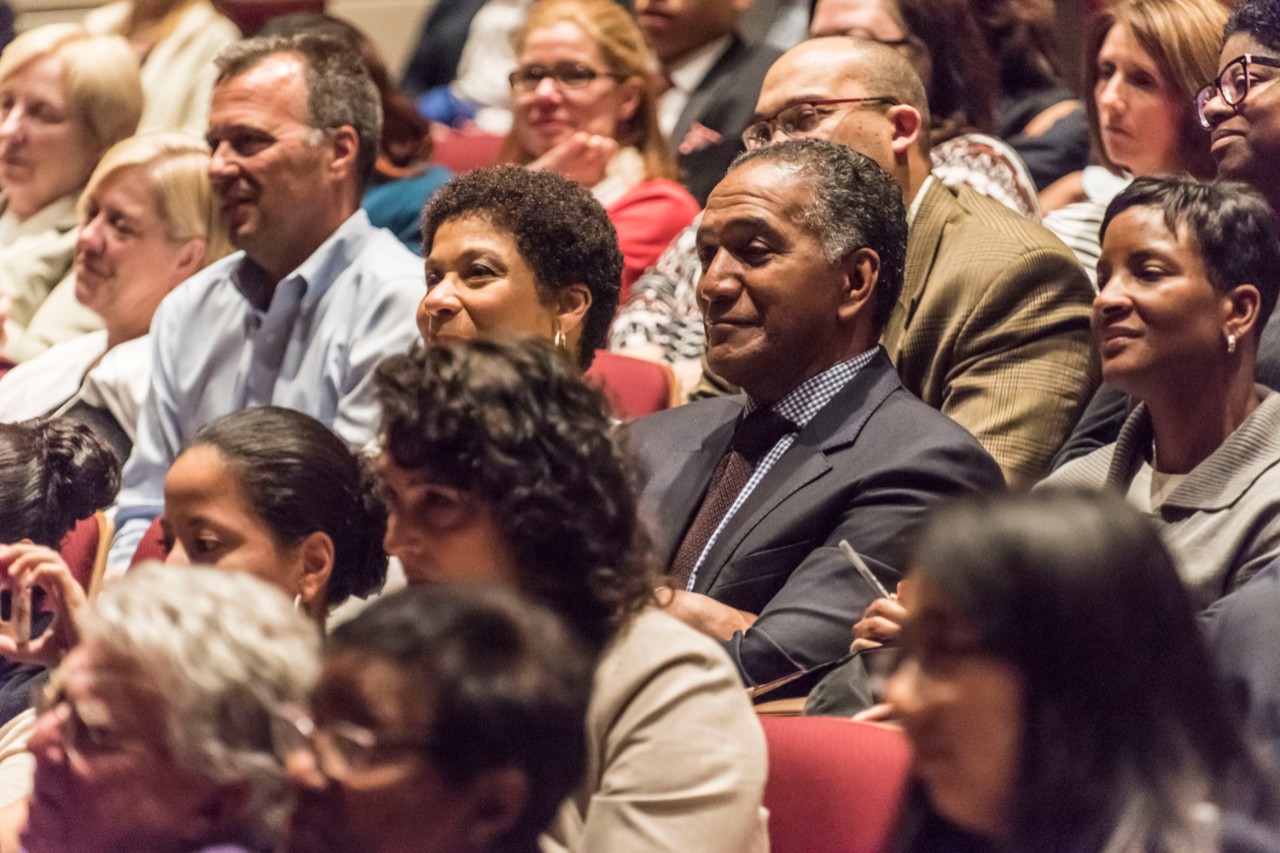 Some 500 members and guests of the University community gathered in Robsham Theater for the private screening and panel discussion.