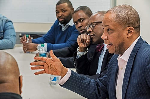 At an AHANA alumni panel, Thomas More Apartments, March 1, 2018. Top: From left, Kittricc Rosser ’01, Francois, Pierre, and Gaines.