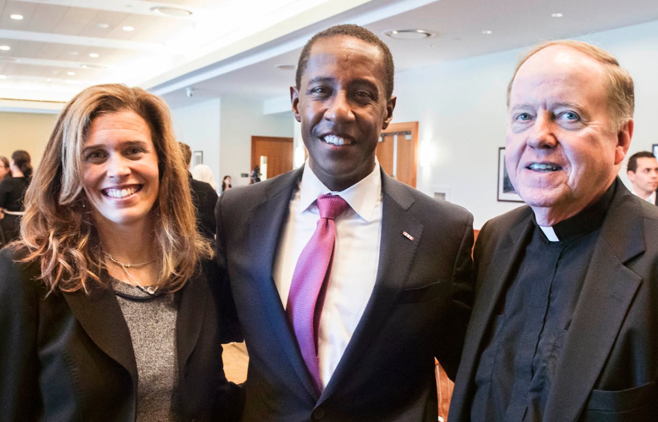 Newton Commissioner of Health and Human Services Deborah Youngblood, Newton Mayor Setti Warren, and BC President William P. Leahy, S.J.Newton, MA Mayor Setti Warren