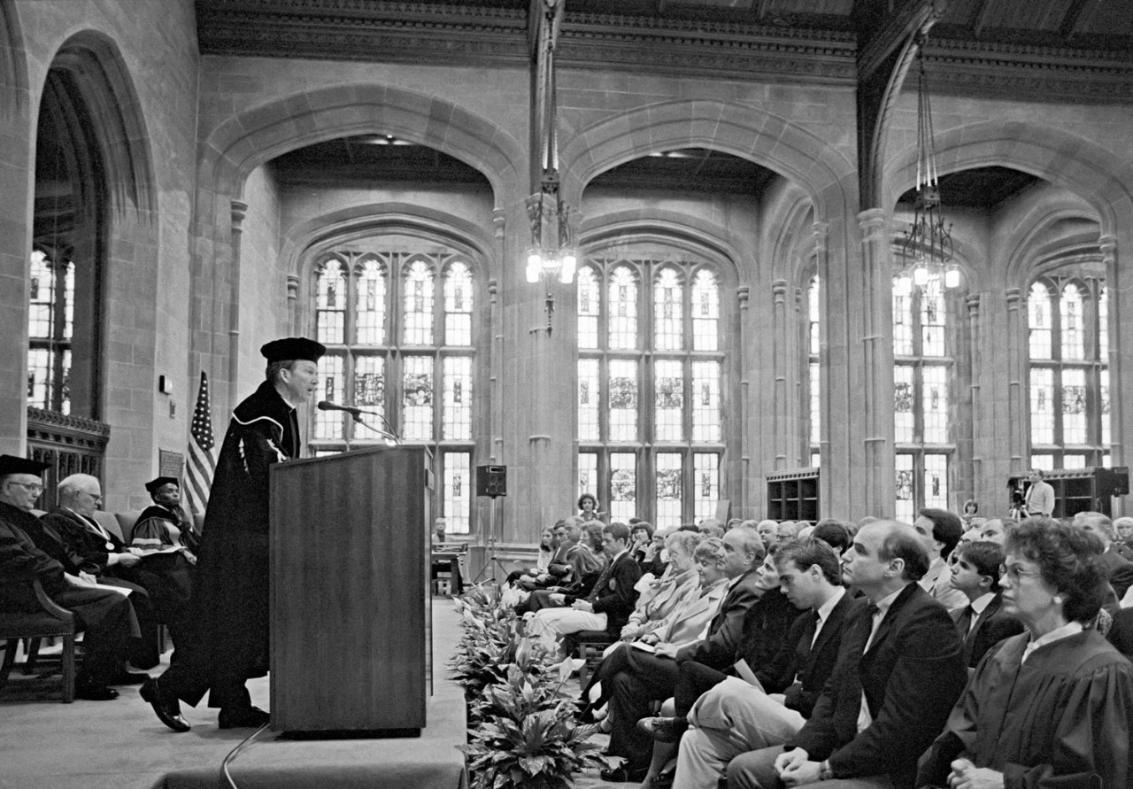 Fr. Monan at the dedication of the renovated Bapst and Burns Libraries on April 22, 1986. 