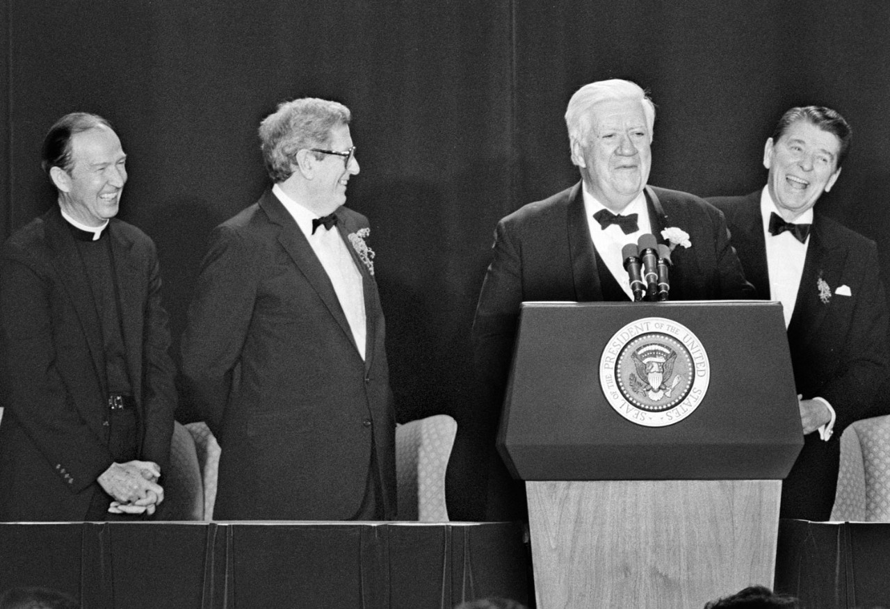 Fr. Monan, former Irish Prime Minister Garrett FitzGerald, U.S. Speaker of House Thomas P. 'Tip' O'Neill '36, and President Ronald Reagan at the O'Neill Tribute Dinner in Washington, DC, March 17, 1986. (Gary Wayne Gilbert)