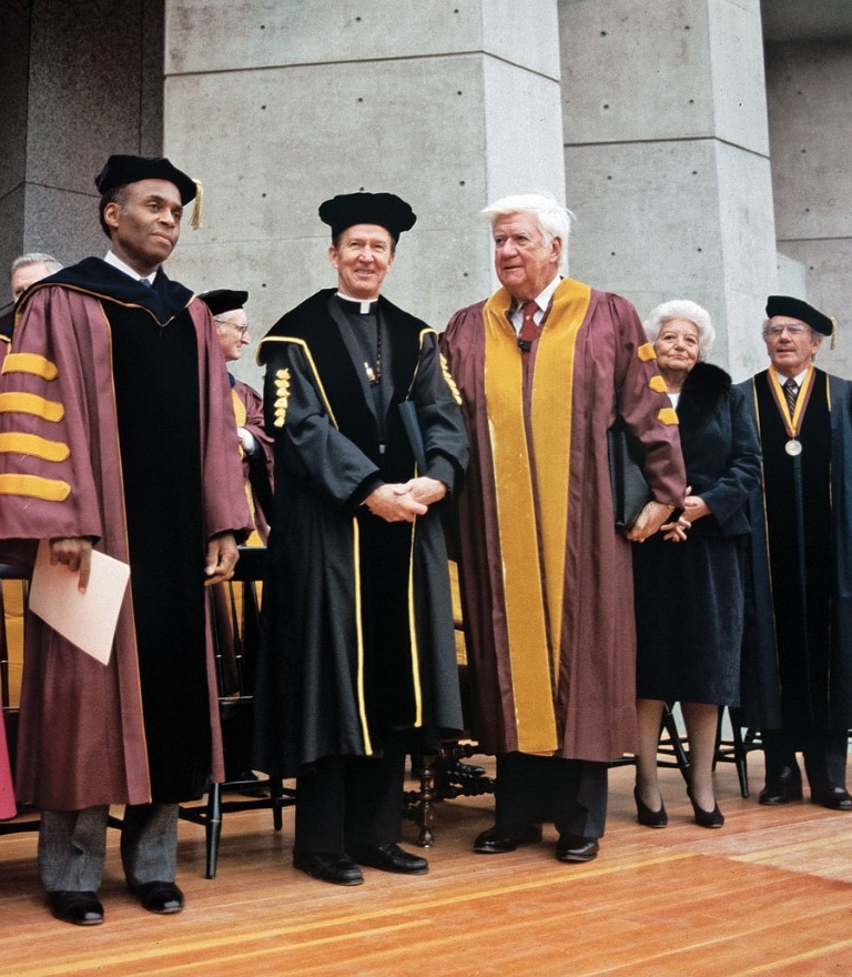 October 14, 1984: Dedication of the University's O'Neill Library, named for U.S. House Speaker Thomas P. O'Neill, Jr. '36. (l-r) Trustee Chair David Nelson '57, J.D. '60, Fr. Monan, Speaker O'Neill and his wife, Millie; Carnegie Foundation for the Advancement of Teaching Ernest L. Boyer. (Lee Pellegrini)