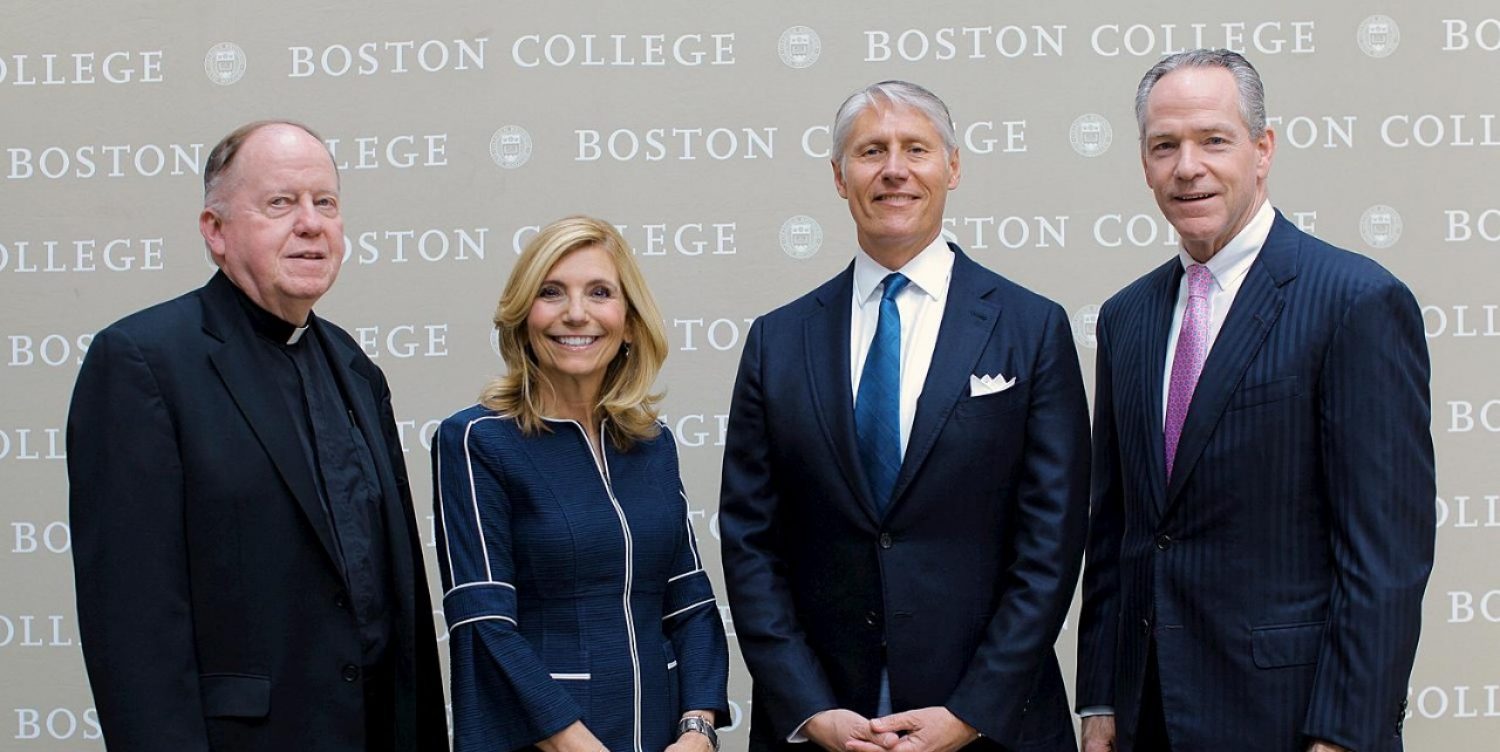 University President William P. Leahy, S.J.., with new Board of Regents chairs Susan Martinelli Shea and March Seidner, and former chair John Fish.