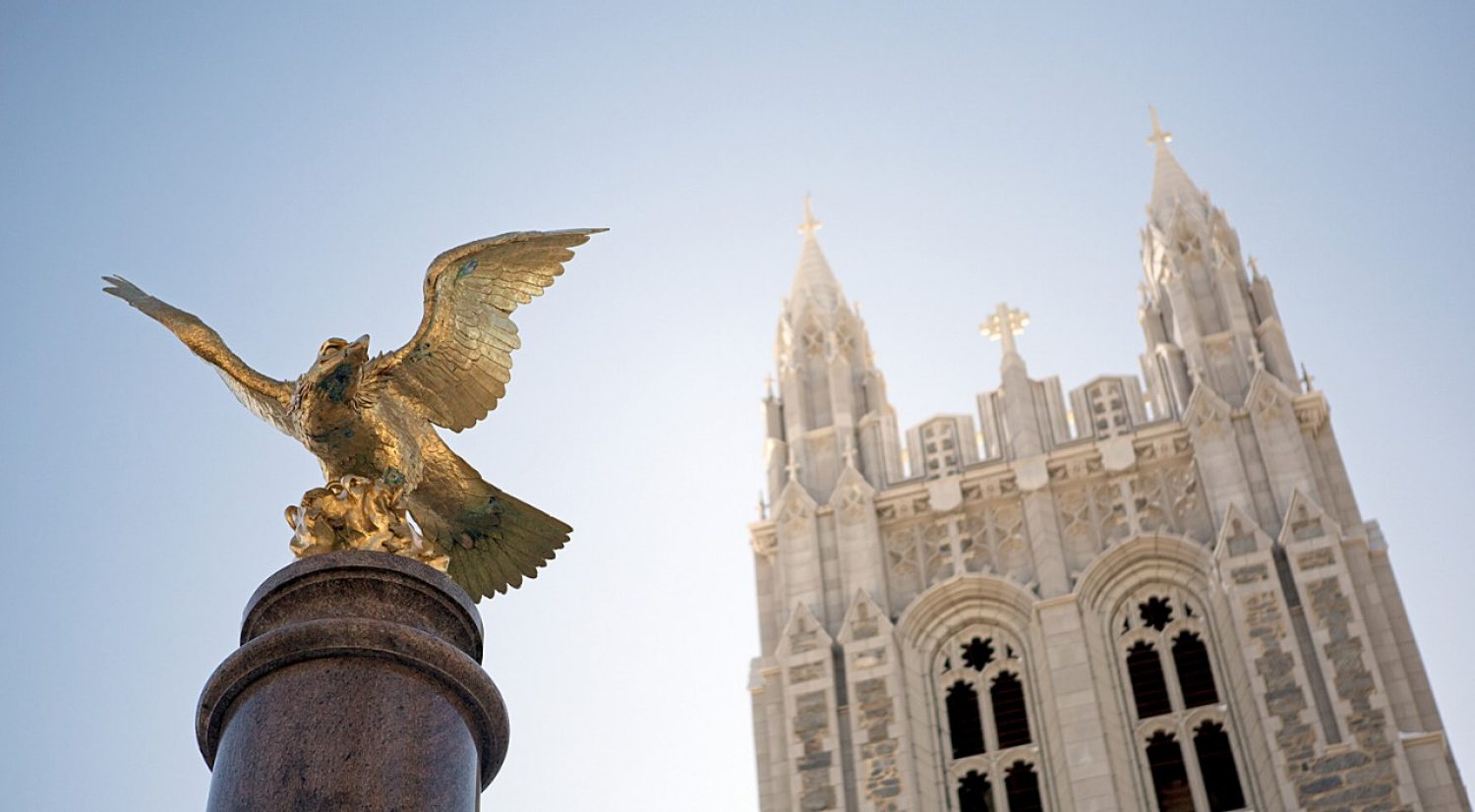 Gasson tower and eagle statue at Boston College