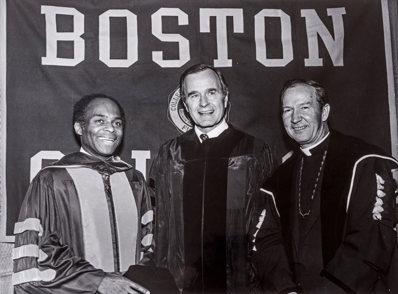 Fr. Monan, David Nelson, and George Bush at Commencement 1982