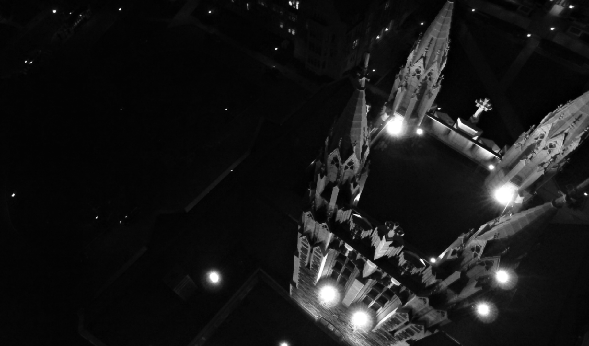 View of the night sky from inside Gasson Hall