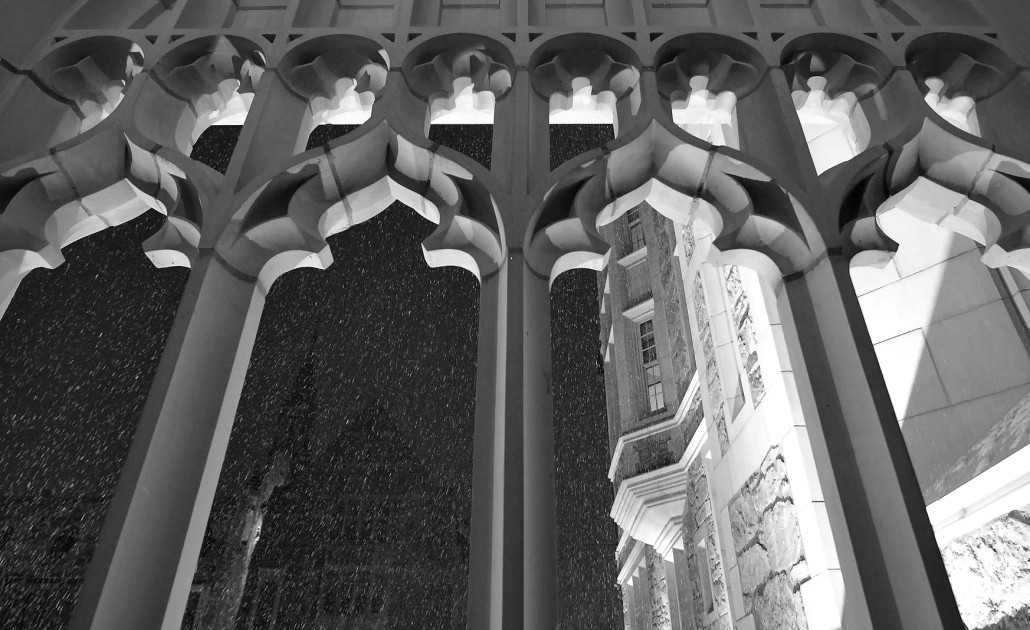 Night aerial view of Gasson Hall