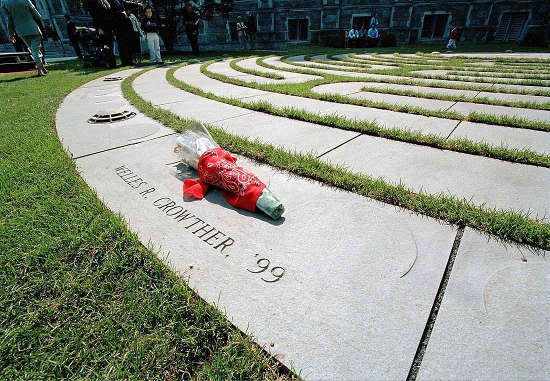 Roses wrapped in a red bandana on the 9/11 memorial labyrinth
