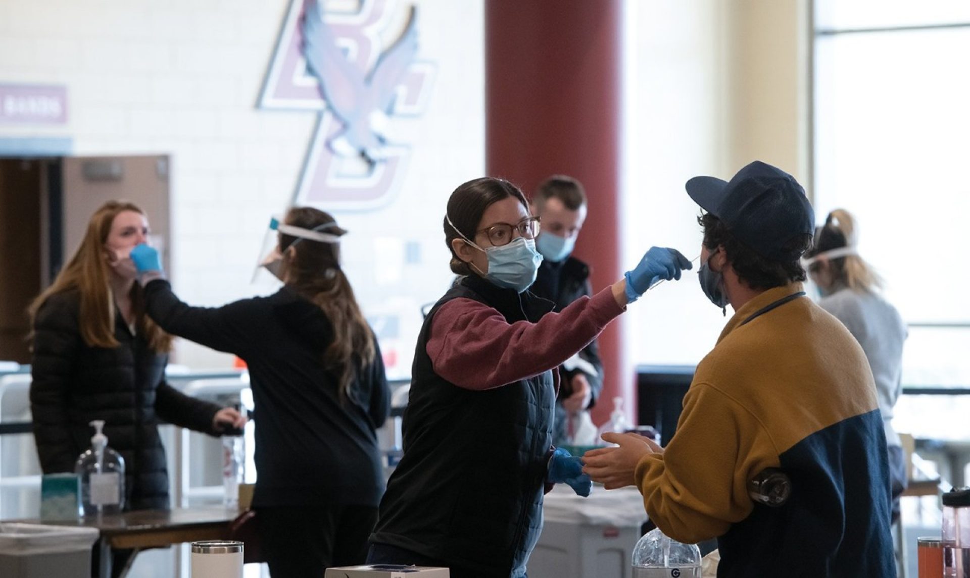 A student receives a COVID test