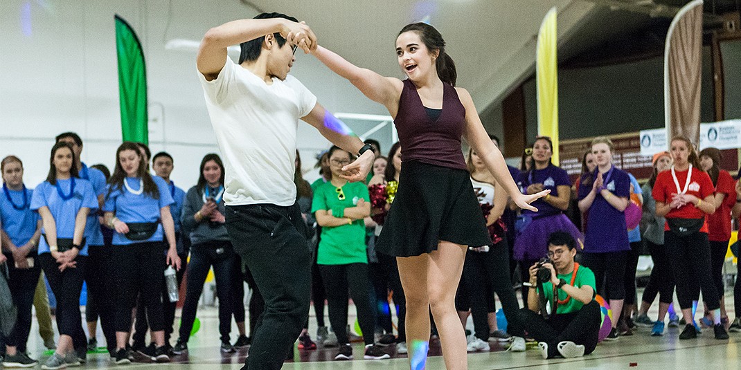 Students, along with some special guests, danced and engaged in other activities for 12 hours in the Flynn Recreation Complex at the Boston College Dance Marathon. Fundraising from the event went to support Boston Children’s Hospital. (Photo by Julia Hopkins)