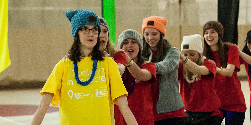 Students, along with some special guests, danced and engaged in other activities for 12 hours in the Flynn Recreation Complex at the Boston College Dance Marathon. Fundraising from the event went to support Boston Children’s Hospital. (Photo by Julia Hopkins)