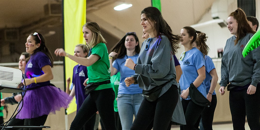 Students, along with some special guests, danced and engaged in other activities for 12 hours in the Flynn Recreation Complex at the Boston College Dance Marathon. Fundraising from the event went to support Boston Children’s Hospital. (Photo by Julia Hopkins)