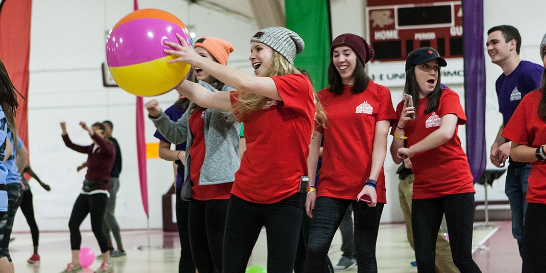 Students, along with some special guests, danced and engaged in other activities for 12 hours in the Flynn Recreation Complex at the Boston College Dance Marathon. Fundraising from the event went to support Boston Children’s Hospital. (Photo by Julia Hopkins)