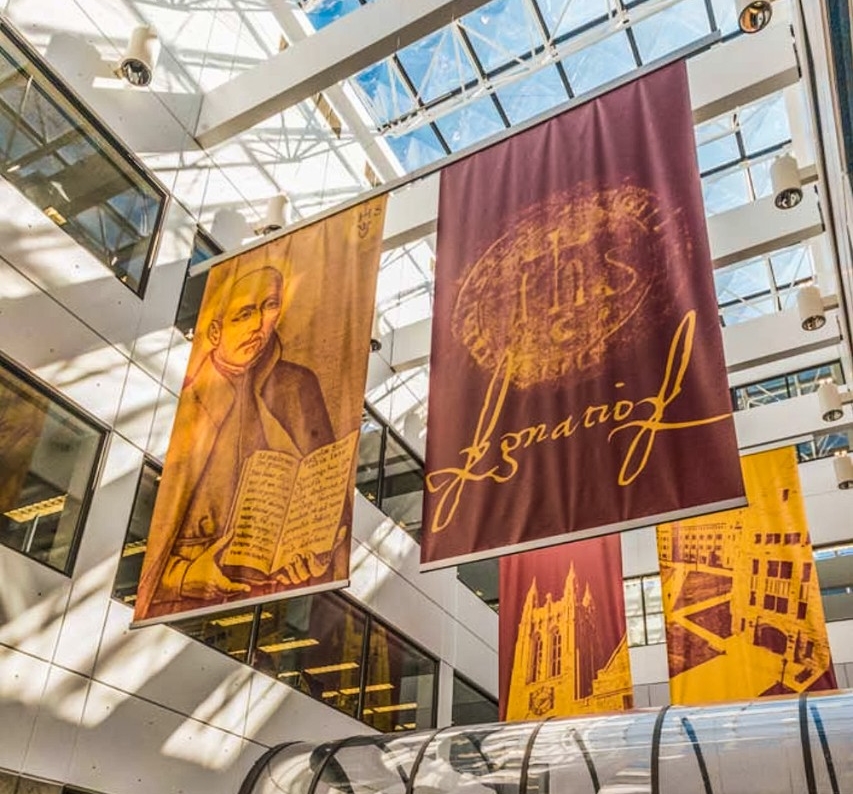 Banners in O'Neill Library atrium at Boston College