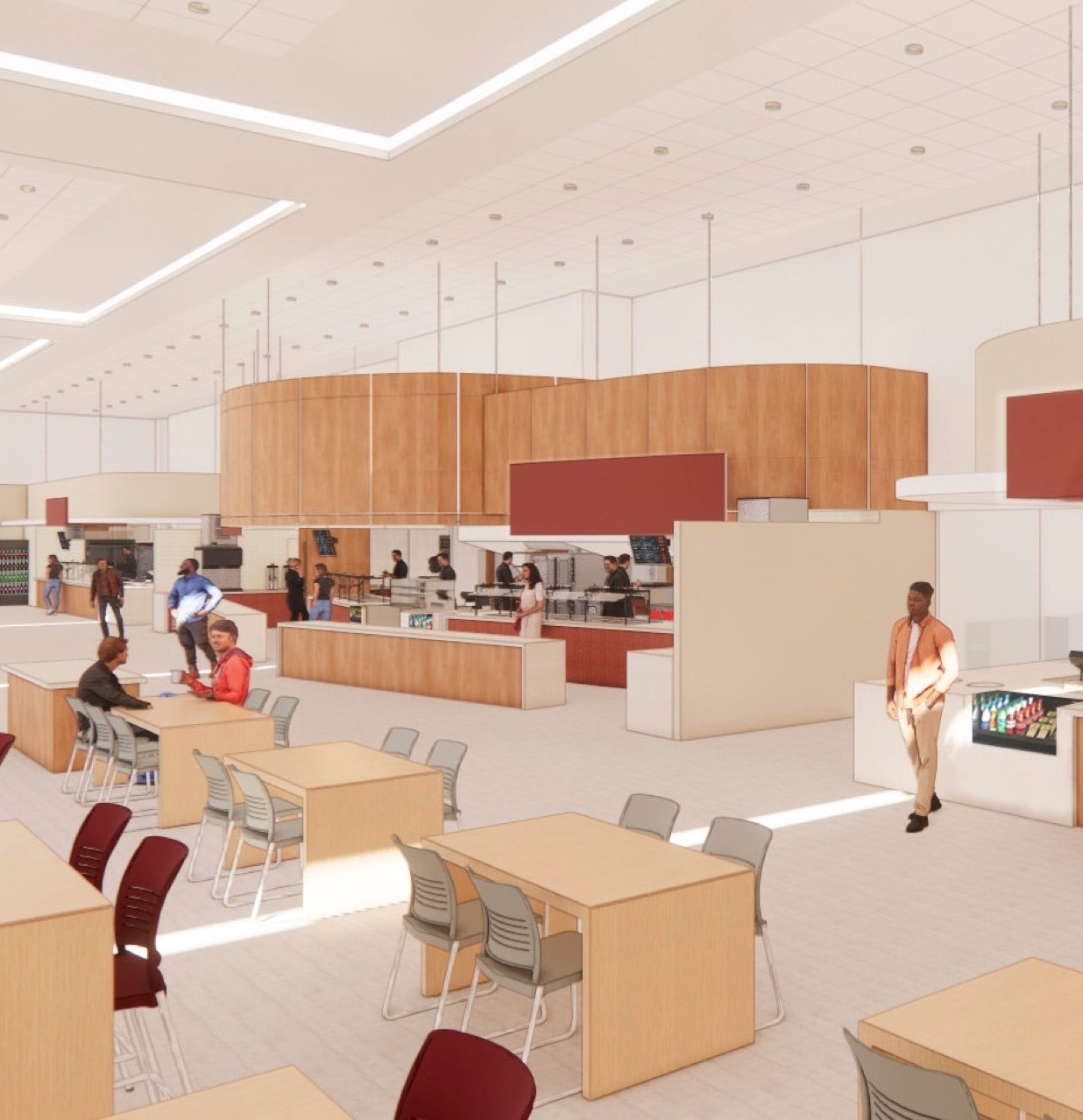 An illustration of the renovated McElroy Dining Hall