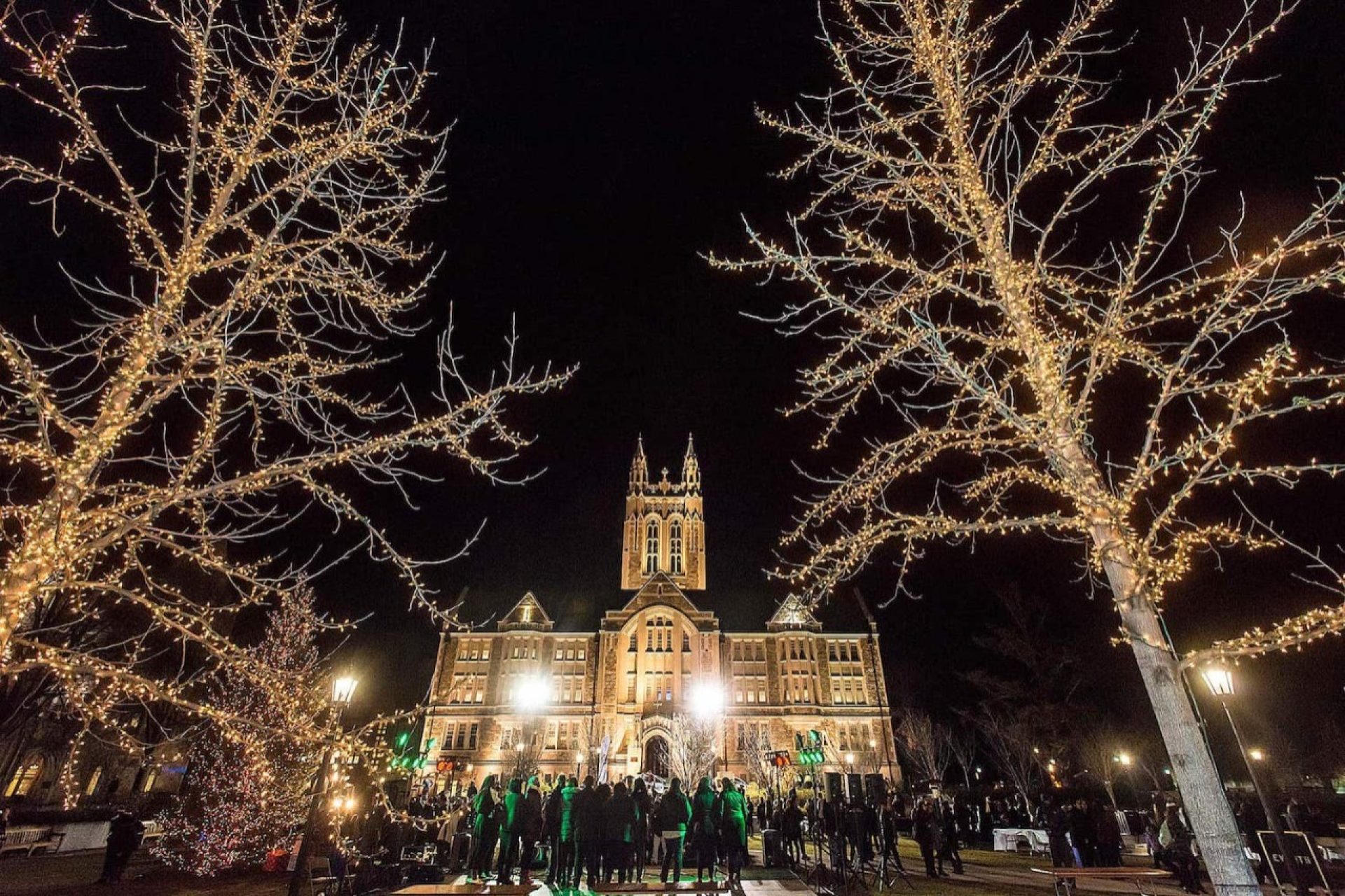 Gasson Hall with Christmas lights