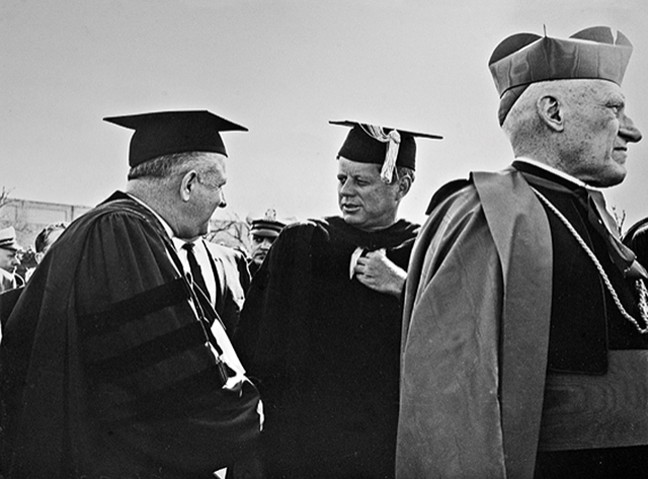 April 20, 1963, President John F. Kennedy with BC President Michael Walsh, S.J., (left) and Cardinal Richard Cushing. Photographs: John J. Burns Library
