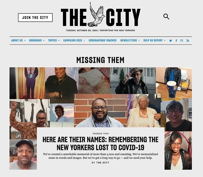 A screenshot of the Missing Them website