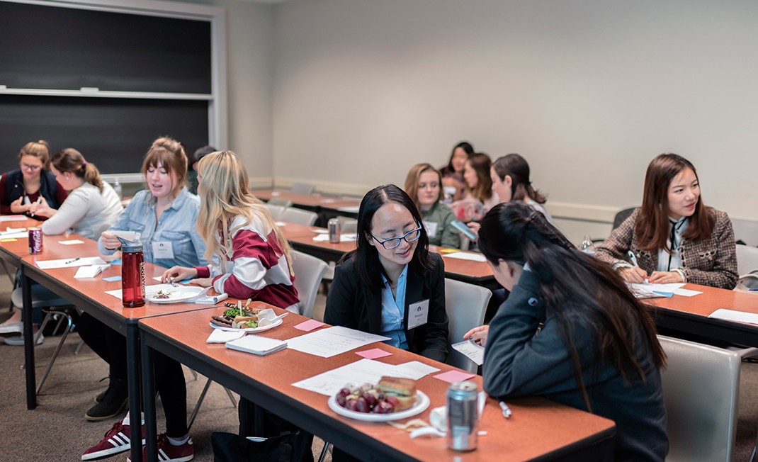 Attendees at a seminar with alumna, actor, singer, and actor Patricia Noonan titled 'Redefining Weird: The Art of Turning Limits into Thresholds.' Attendees at a seminar with alumna, actor, singer, and actor Patricia Noonan titled 'Redefining Weird: The Art of Turning Limits into Thresholds.'