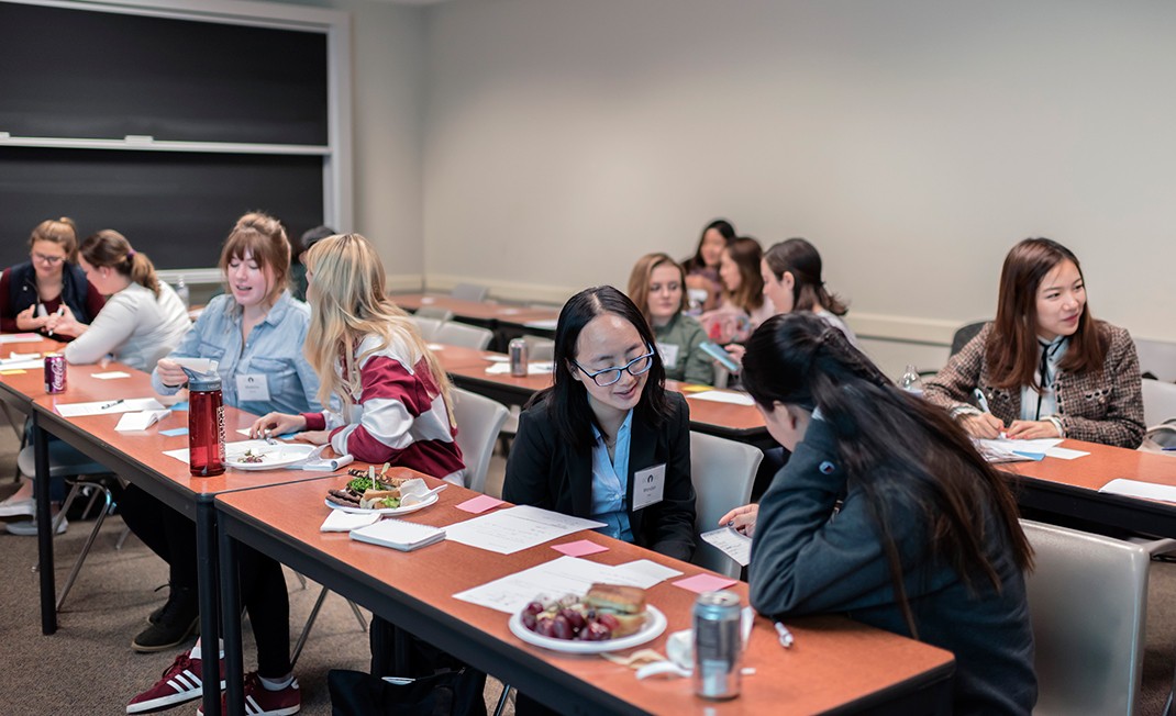 Attendees at a seminar with alumna, actor, singer, and actor Patricia Noonan titled 'Redefining Weird: The Art of Turning Limits into Thresholds.'