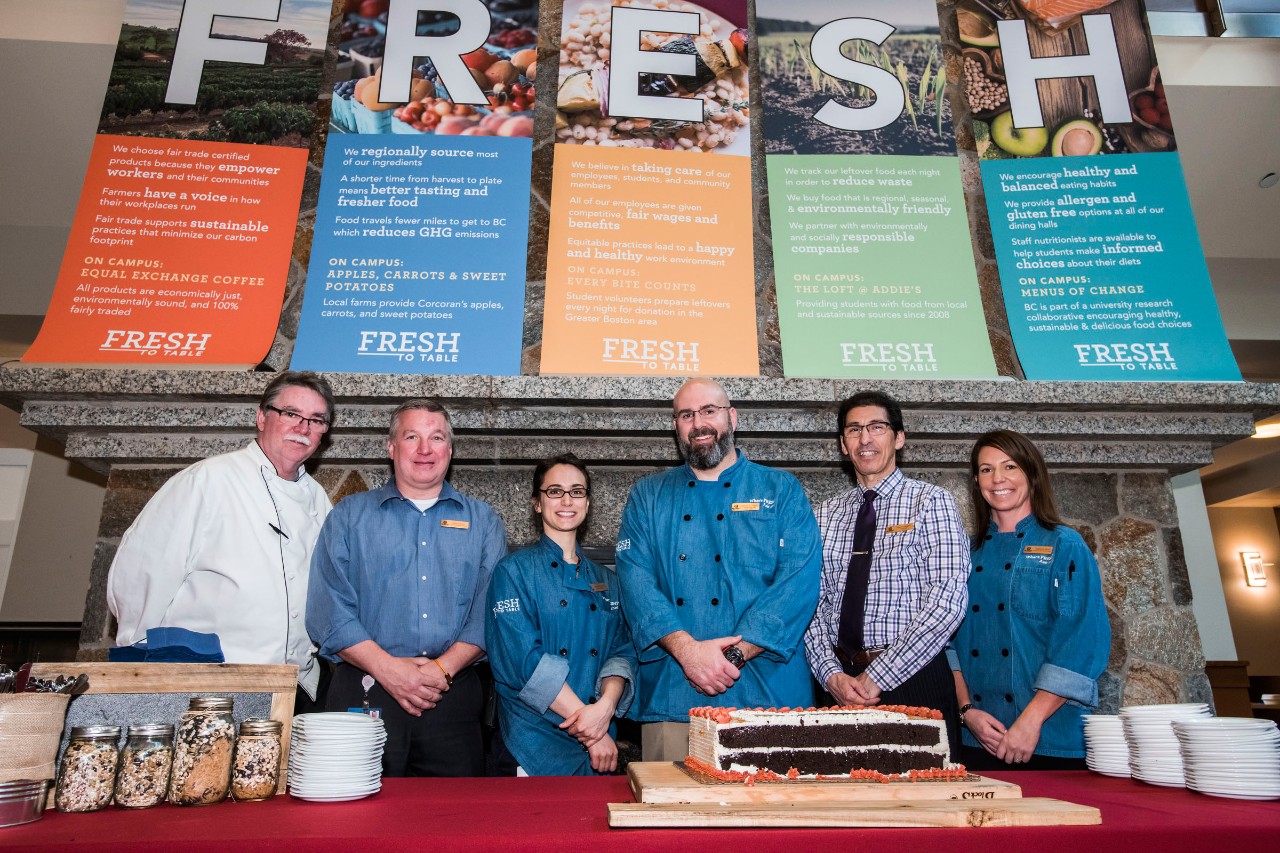 BC Dining's Corcoran Commons Leadership Team: Paul Reilly, Sean Canny, Jill Ferreira, Derrick Cripps, Khalid Karachi, and Rebecca Serio.