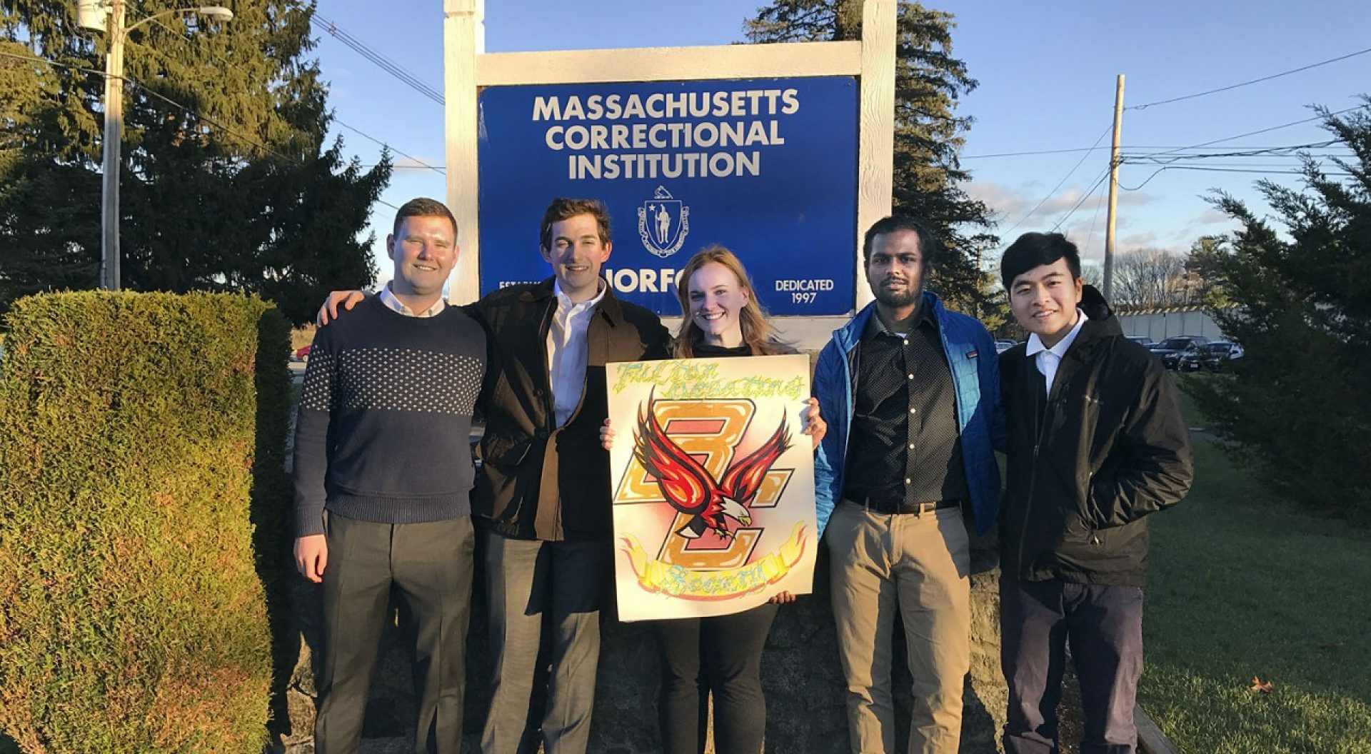 Sean MacDonald (left) with fellow Fulton Debating Society members (L-R) Harrison Kenner, Jenna Bilak, Naveen Senthilkumar and Kelvin Lin during their visit to MCI-Norfolk.