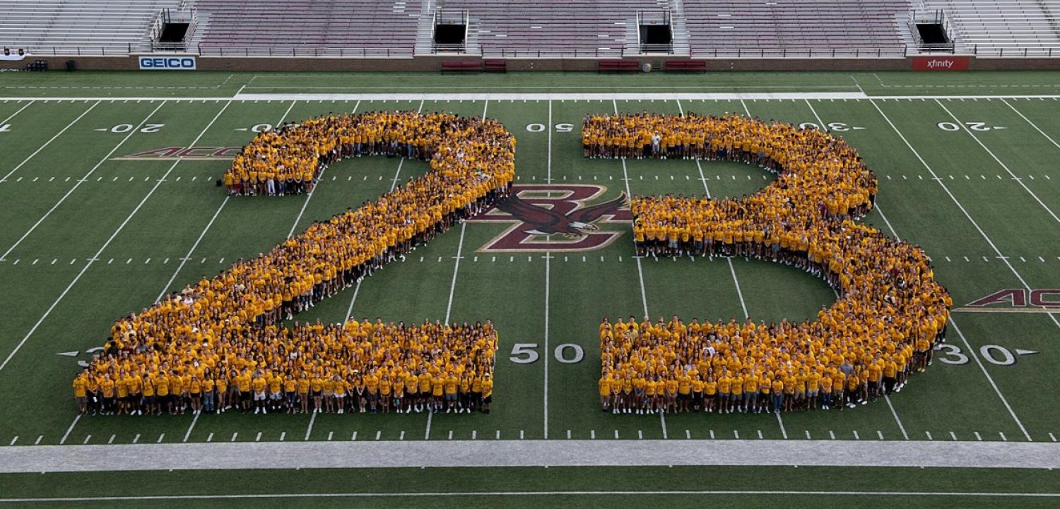 Members of the BC Class of 2023 form '23' in Alumni Stadium
