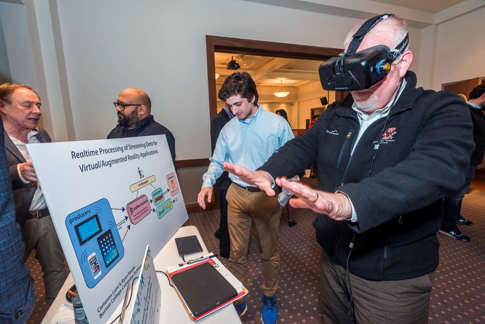 Students Cameron Lunt '17 and Ryan Reede '16 present their research project on realtime processing of streaming data for virtual/augmented reality application.