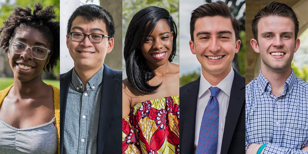 The 2017 Class of Boston College Seniors to Remember: Joi Dallas, Jesse Mu, Chiamaka Okurie, Russell Simons, and John Walsh.