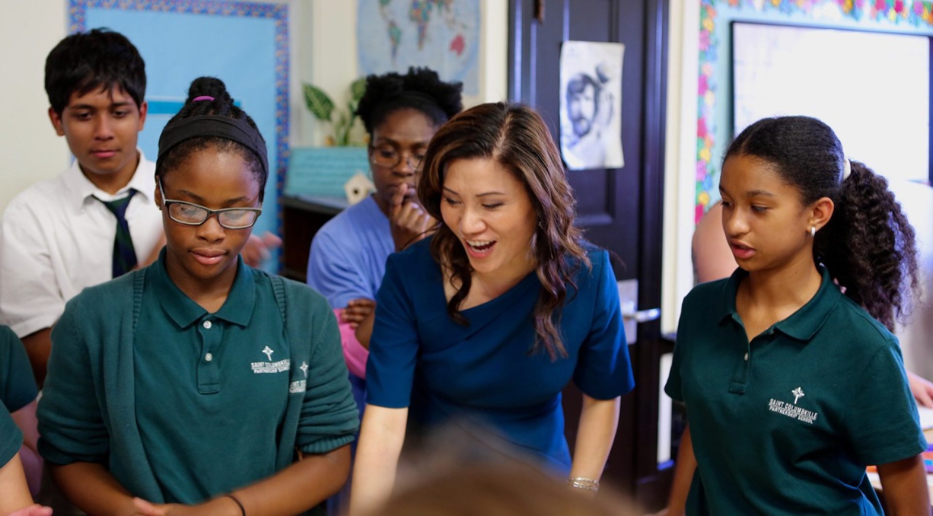 Lynch School of Education Associate Professor Deoksoon Kim speaks to students at St. Columbkille Partnership School about a digital storytelling project she and other Lynch School of Education faculty helped coordinate.