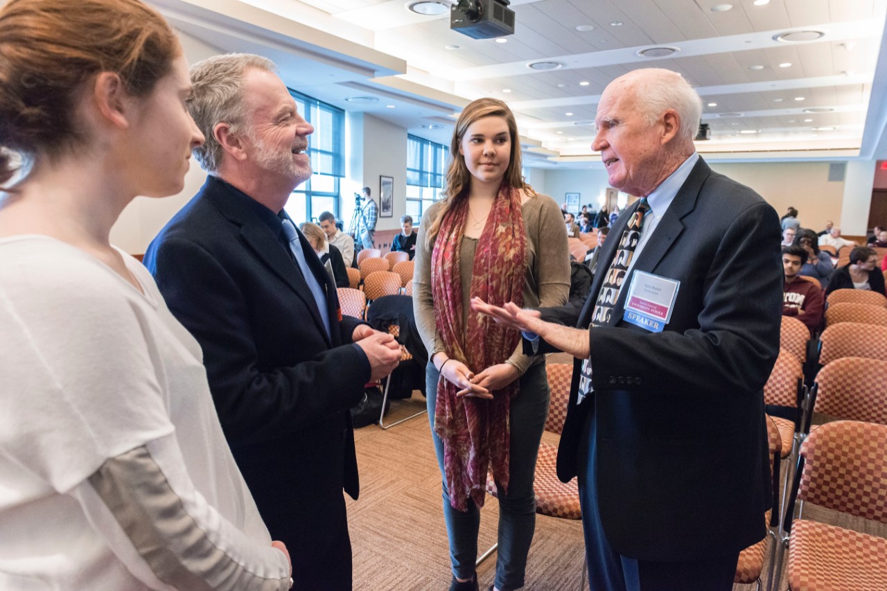Fr. James Keenan James Keenan, S.J. with conference speaker Taylor Branch, Morrissey College of Arts and Sciences sophomores Carly Sullivan and Evey Satterfield in conversation with conference organizer James Keenan, S.J., and Pulitzer Prize-winning author Taylor Branch.