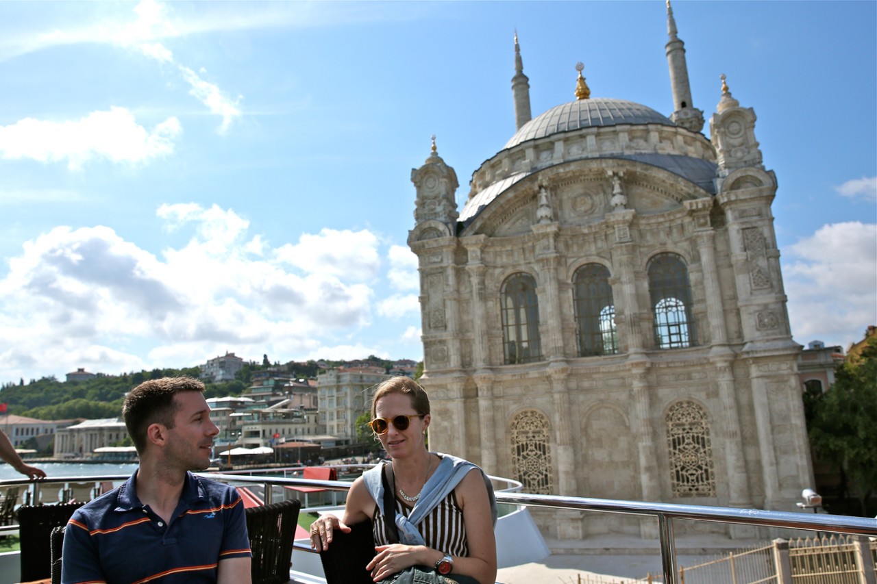 Associate Professor of Education Paul Poteat and Associate Professor of Economics Tracy Regan tour the Bosphorous Strait.