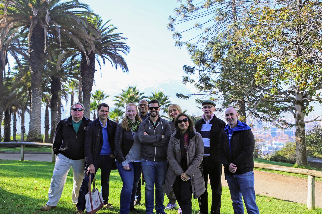 Cerro San Cristobal, Santiago, Chile. L-R: Cyril Opeil, SJ (Physics), Nick Gozik (OIP) Allison Adair (Eng) Martin Summers (Hist), David Storey (Phil) Franziska Seraphim (Hist), Alina Morales, (Univ Alberto Hurtado), Marcus Breen (Comm), and Pat O'Donnell (OIP). (Not pictured: Gustavo Morello, SJ)