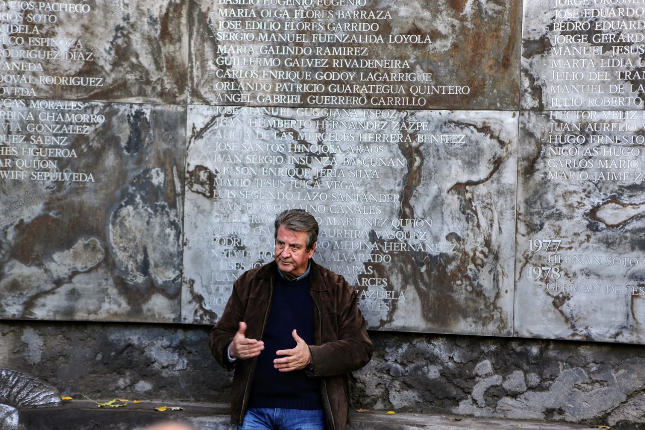 A memorial wall honors victims at the site of a former detention center known as Villa Grimaldi, Santiago, Chile. Pictured: Memorial tour guide Pedro Matta, who was detained in 1975 and held and tortured at the site for 16 months.