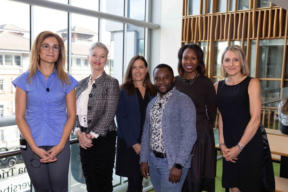 University of San Diego Assistant Professor Tala Al-Rousan, Trinity College Dublin Vice-President for Global Engagement Emma Stokes, School of Social Work Salem Professor in Global Practice Theresa S. Betancourt, University of KwaZulu-Natal Professor Ganzamungu Zihindula, U.C. San Diego Professor and Dean Cheryl Anderson and Trinity College Centre for Forced Migration Studies Director Rachel Hoare at the launch of the Centre for Forced Migration Studies