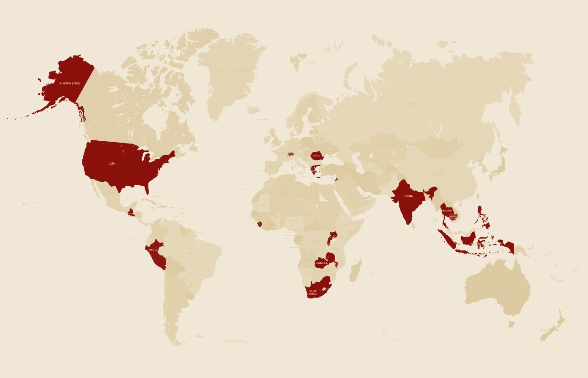 Map of continents marked by student work locations