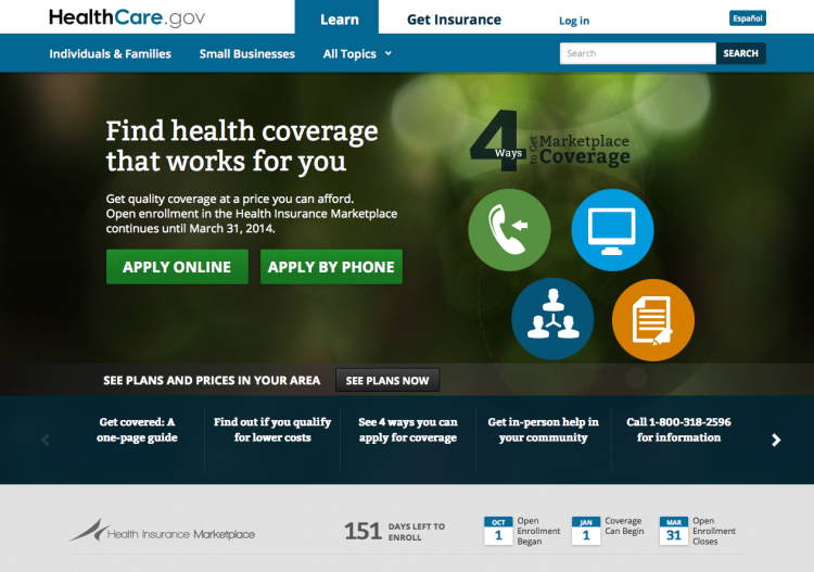 Screen shot of healthcre.gov website