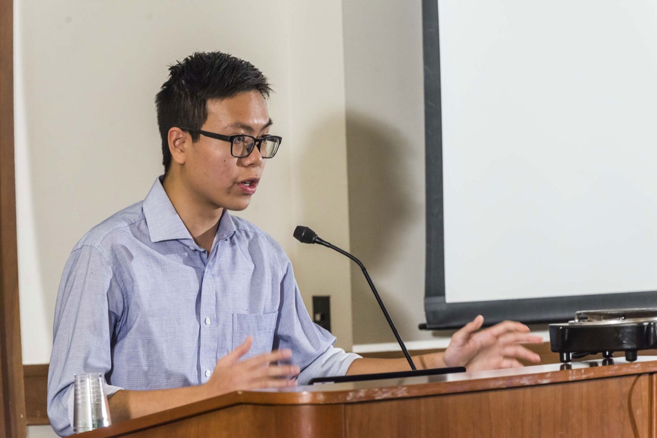 Christopher Yu '18 explains his project "Environmental Conditions of Factory Work in China: The Emerging Face of Chinese State Capitalism".