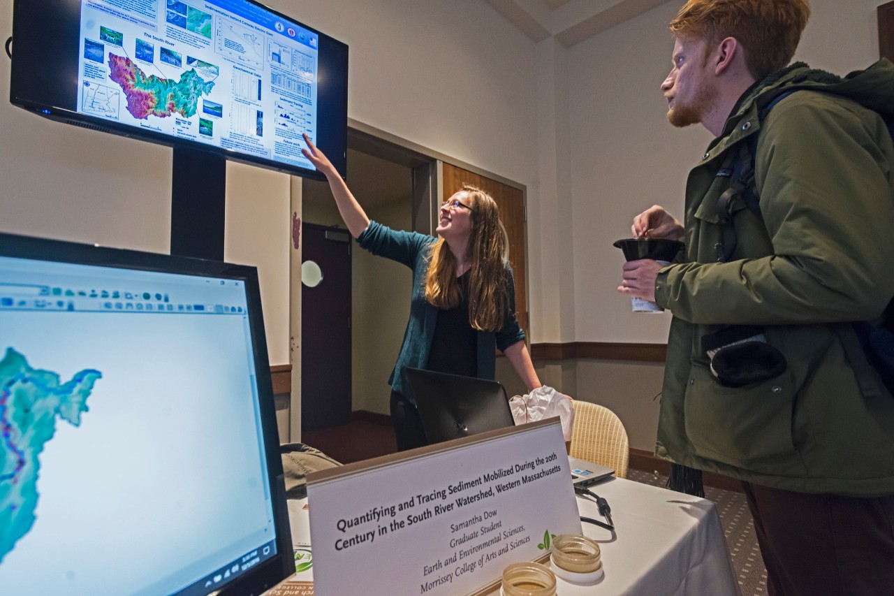 Graduate student Samantha Dow explains her project "Quantifying and Tracing Sediment Mobilized During the 20th Century in the South River Watershed, Western Massachusetts".