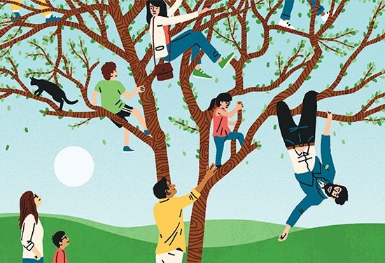 Illustration of adults and children playing in a tree