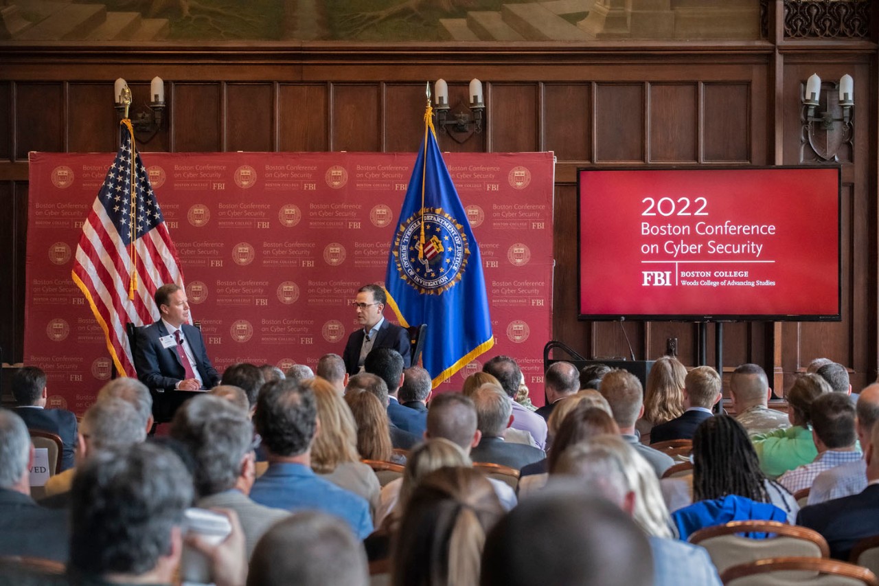 BCCS co-organizer Kevin R. Powers, founding director of the M.S. in Cybersecurity Policy and Governance program at Boston College, in conversation with plenary speaker and CISA executive director Brandon Wales.