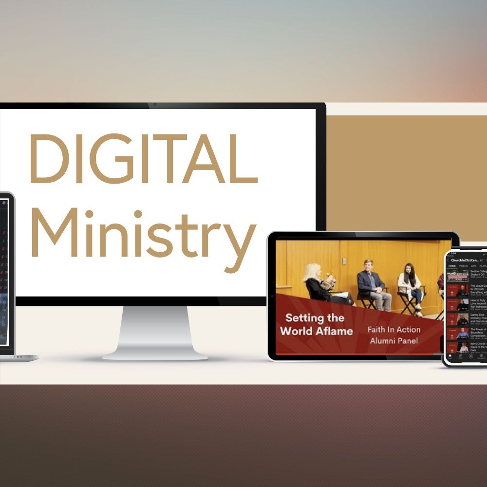 A computer, tablet, and phone with the text, "Digital Ministry" and a playlist of videos on screen